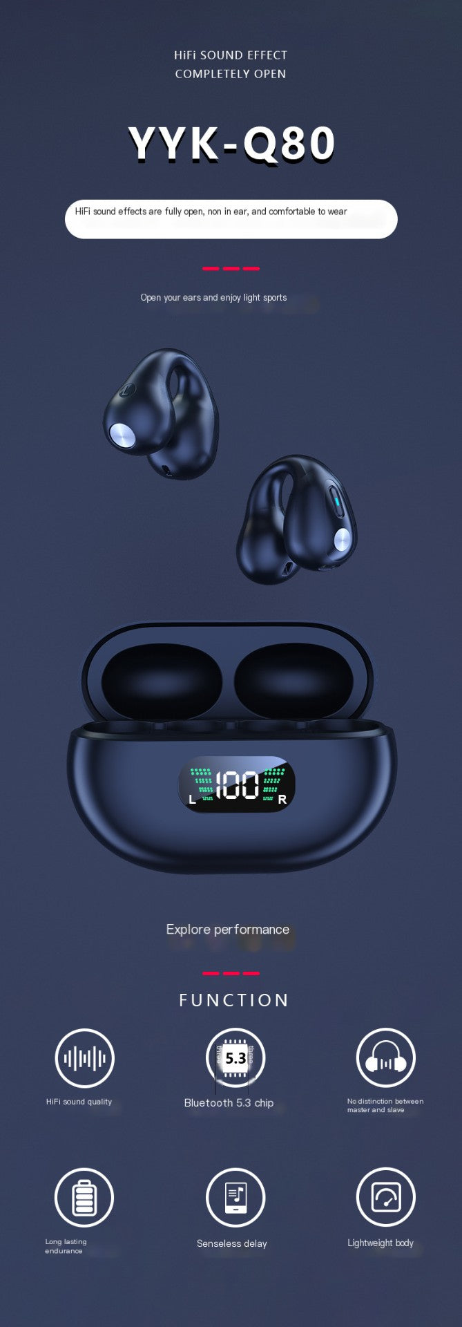 TWS Open-Ear Wireless Earbuds with Charging Display