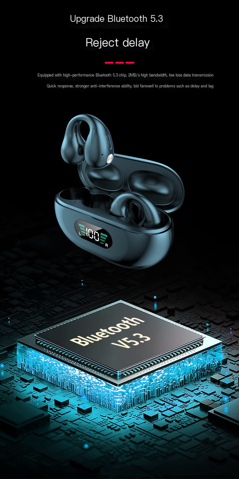 TWS Open-Ear Wireless Earbuds with Charging Display